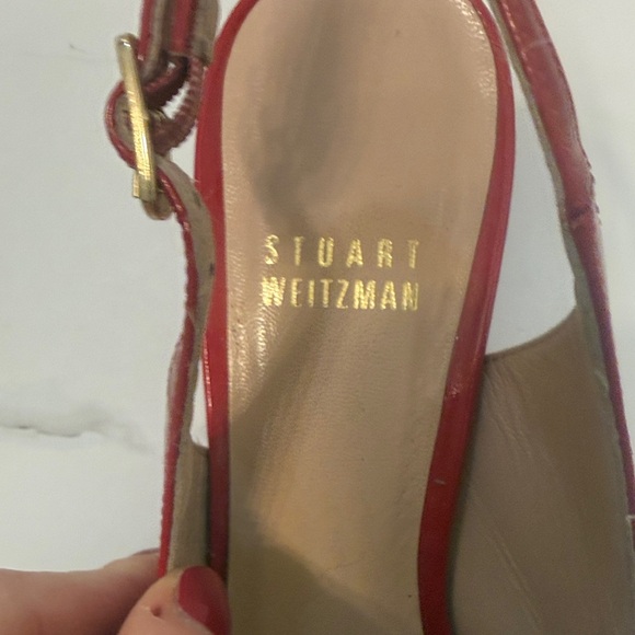 Stuart Weitzman Red Peep-Toe Wedge Sandals - Picture 2 of 8
